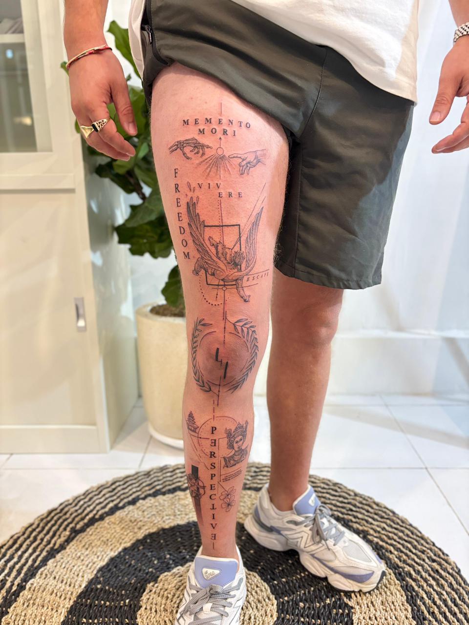 Leg thigh memento mori fine line tattoo