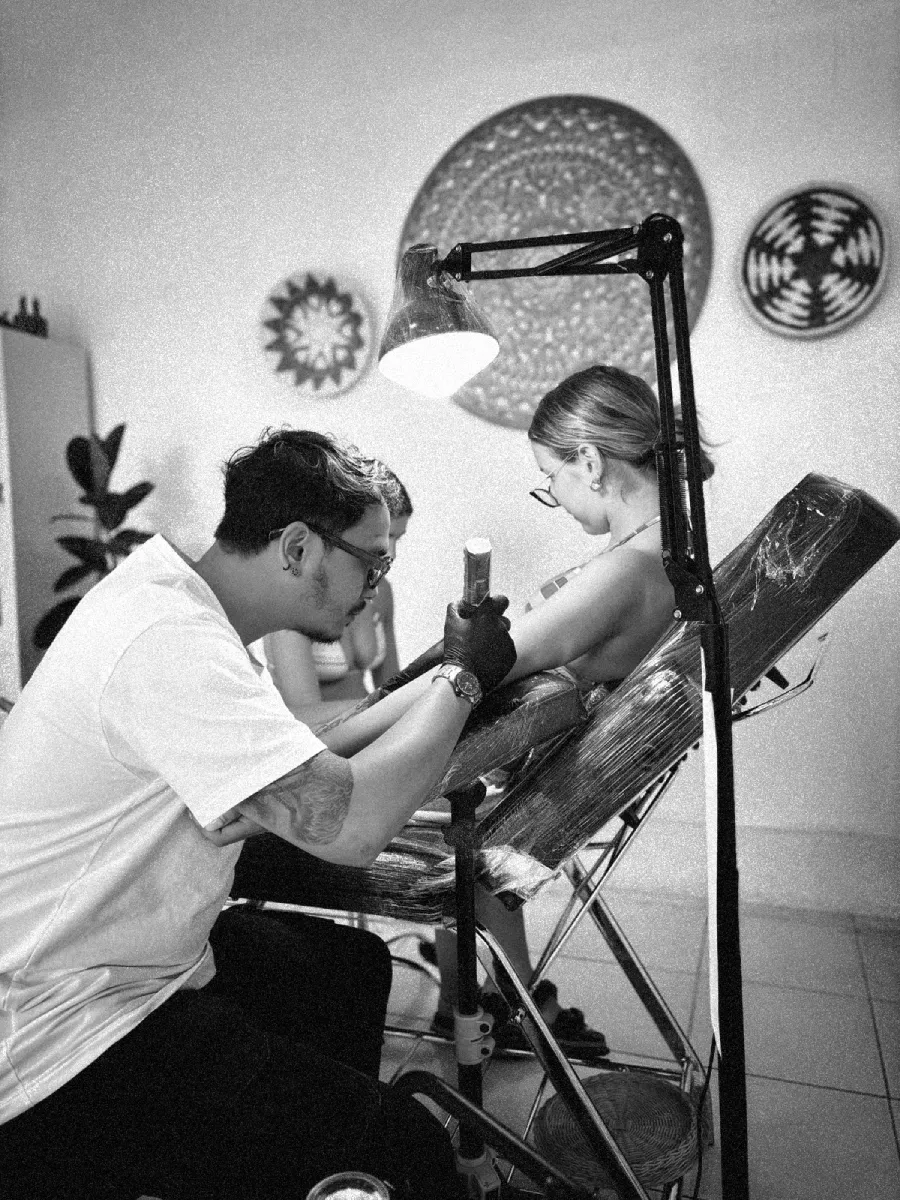 Close up process of the best fine line tattoo in Seminyak at Tropical Ink Bali